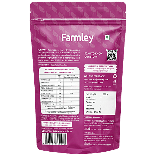 Farmley Selecta Seedless Black Raisins - Naturally Sweet, Rich In Vitamins, Perfect Snack, 200 g
