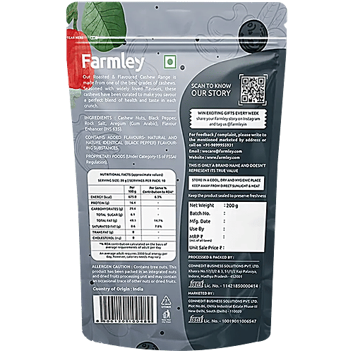 Farmley Black Pepper Roasted Cashews Kaju Snacks - Rich In Protein, Crunchy & Delicious, 200 g
