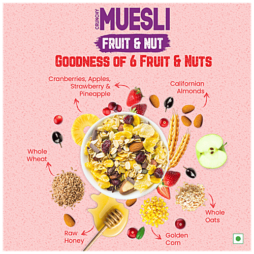 Lawrence Mills Crunchy Muesli - Fruit & Nut, 85% Fruits, Nuts & Multi-Grains, High In Fibre, 500 g Box