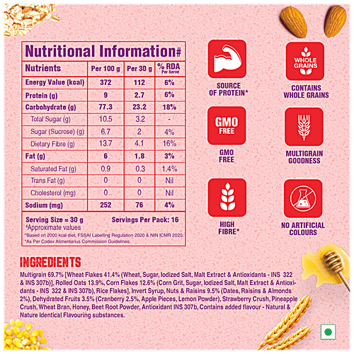 Lawrence Mills Crunchy Muesli - Fruit & Nut, 85% Fruits, Nuts & Multi-Grains, High In Fibre, 500 g Box