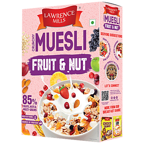 Lawrence Mills Crunchy Muesli - Fruit & Nut, 85% Fruits, Nuts & Multi-Grains, High In Fibre, 500 g Box