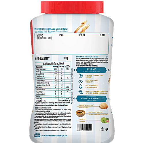 Bagrry's Rolled Oats - Jumbo, High Fibre, High Protein, 1 kg Jar 