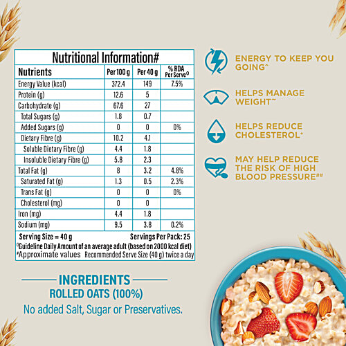 Bagrry's Rolled Oats - Jumbo, High Fibre, High Protein, 1 kg Jar 