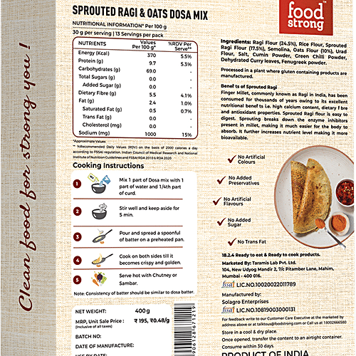 Foodstrong Sprouted Ragi & Oats Dosa Mix - Rich In Protein & Fibre, Easy To Digest, 400 g  