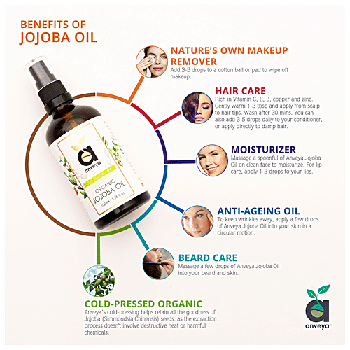 Anveya Jojoba Oil - Cold Pressed & Organic, 100 ml  