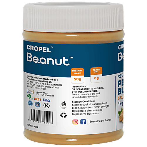 Beanut Regular Peanut Butter - Crunchy, Rich In Protein & Fibre, No Trans Fat, 1 kg