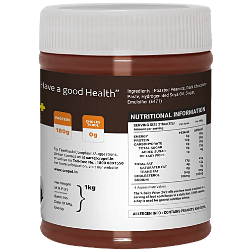 Beanut Dark Chocolate Peanut Butter - Crunchy, Rich In Protein & Fibre, No Trans Fat, 1 kg  