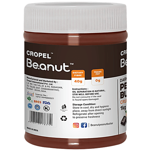 Beanut Dark Chocolate Peanut Butter - Crunchy, Rich In Protein & Fibre, No Trans Fat, 1 kg  