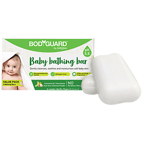 Bodyguard Moisturizing Baby Bathing Soap Bar for Kids – Pack of 2, 75gms each | pH 5.5, with Oatmeal Powder, Shea Butter, Aloe Vera & Calendula Oil | Allergen Free | Dermatologically Tested, 75 g (Pack of 2) 