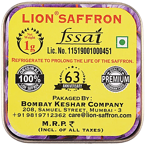 Lion Saffron Pure Kashmiri Lacha Kesar Certified Grade A+ - Improves Health, 1 g  