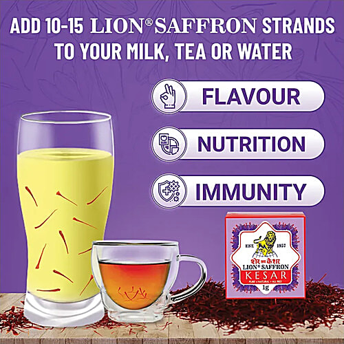 Lion Saffron Kesar - Pure, Natural, Used For Cooking Biryani, Sweets, Milk & Tea, 1 g  