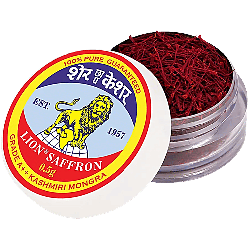 Lion Saffron Kashmiri Mongra Kesar Grade A++ - Used For Cooking, Glowing Skin, Safe For Pregnant Women, 0.5 g  