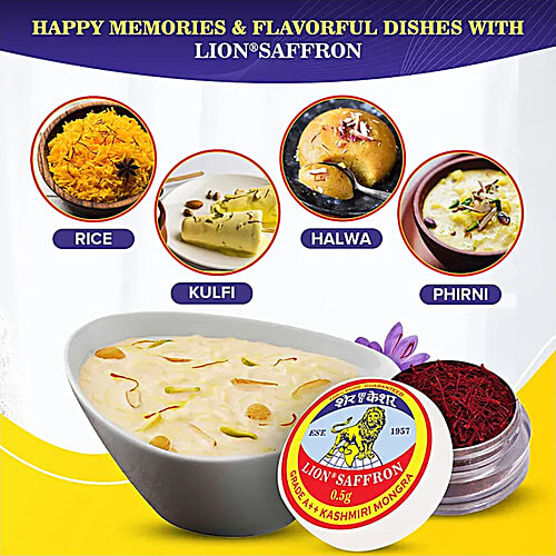 Lion Saffron Kashmiri Mongra Kesar Grade A++ - Used For Cooking, Glowing Skin, Safe For Pregnant Women, 0.5 g  