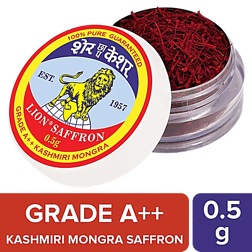 Lion Saffron Kashmiri Mongra Kesar Grade A++ - Used For Cooking, Glowing Skin, Safe For Pregnant Women, 0.5 g  
