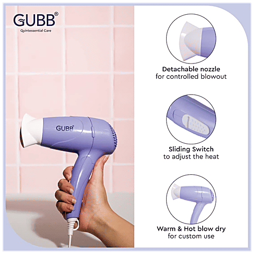 Gubb Foldable 1000 Watts Hair Dryer - With Dual Heat Settings & Detachable Nozzle, GB-128, Purple, 410 g  