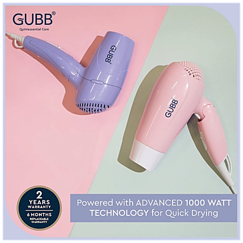 Gubb Foldable 1000 Watts Hair Dryer - With Dual Heat Settings & Detachable Nozzle, GB-128, Purple, 410 g  