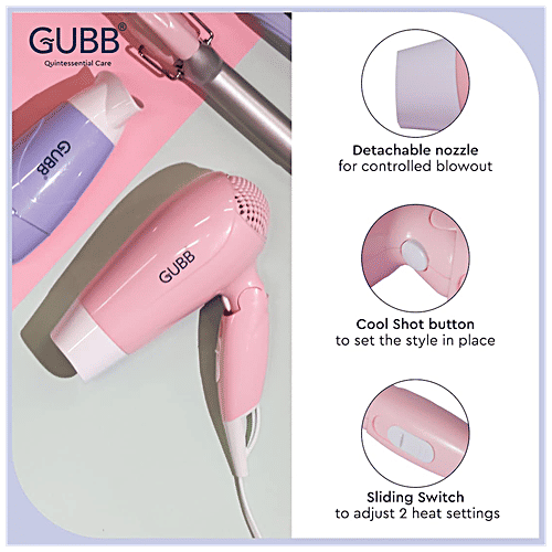Gubb Foldable 1600 Watts Hair Dryer - With Hot & Cool Settings & Detachable Nozzle, GB-163 Pink, 470 g  