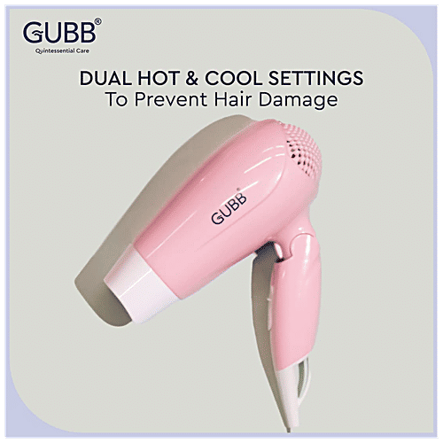 Gubb Foldable 1600 Watts Hair Dryer - With Hot & Cool Settings & Detachable Nozzle, GB-163 Pink, 470 g  