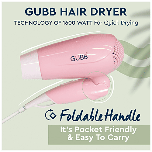 Gubb Foldable 1600 Watts Hair Dryer - With Hot & Cool Settings & Detachable Nozzle, GB-163 Pink, 470 g  