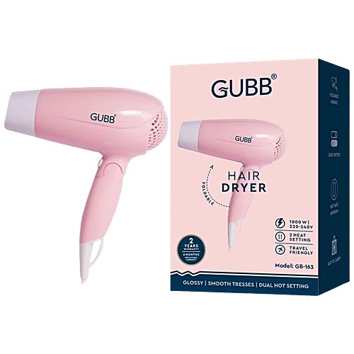 Gubb Foldable 1600 Watts Hair Dryer - With Hot & Cool Settings & Detachable Nozzle, GB-163 Pink, 470 g  