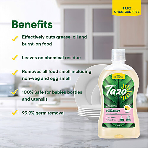 Tazo Chemical Free Dishwash Liquid Gel with Lemon Oil, 550 ml  Removes & Cuts Grease Easily, For Perfect Shine