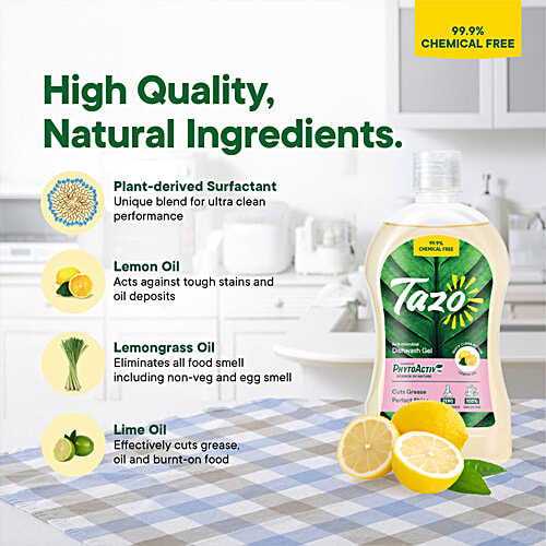 Tazo Chemical Free Dishwash Liquid Gel with Lemon Oil, 550 ml  Removes & Cuts Grease Easily, For Perfect Shine