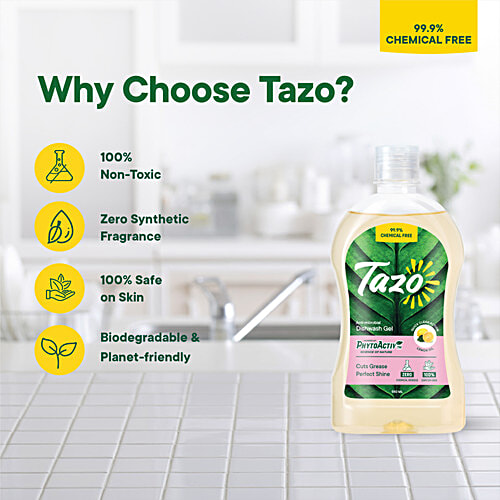Tazo Chemical Free Dishwash Liquid Gel with Lemon Oil, 550 ml  Removes & Cuts Grease Easily, For Perfect Shine