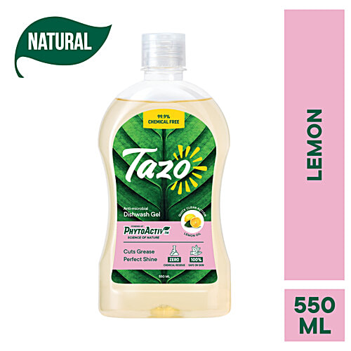 Tazo Chemical Free Dishwash Liquid Gel with Lemon Oil, 550 ml  Removes & Cuts Grease Easily, For Perfect Shine