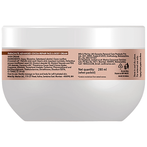 Parachute Advansed Cocoa Repair Face & Body Cream Moisturiser With Coconut Milk - Heal & Restore For Dry Skin, 280 ml  