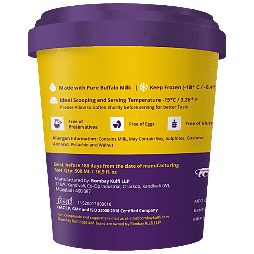 BOMBAY KULFI Kesar Pista Kulfi Natural Ice Cream - Unique Taste, Juicy, Perfect Dessert, 500 ml Tub 