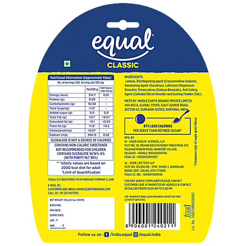 Equal Classic Zero Calorie Sweetener - No Aspartame, Diet-Friendly, 50 g (500 pcs) 