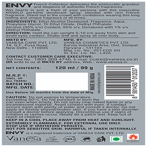 Envy French Collection Arnold Perfume Deodorant Spray - Unisex, 120 ml