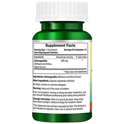 Morpheme Remedies Ashwagandha Veg Capsules - 500 mg, Relieves Stress, Boosts Energy, 60 pcs  