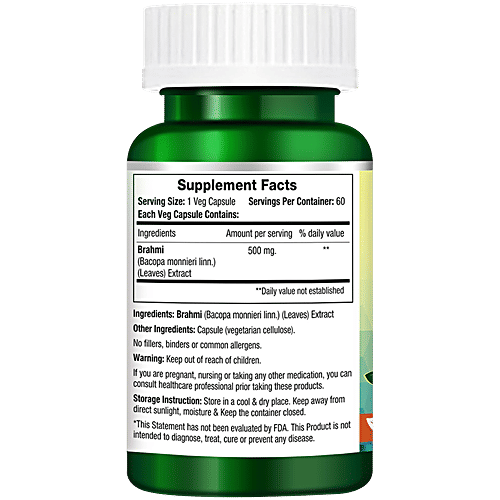 Morpheme Remedies Bacopa Monnieri/Brahmi Veg Capsules - 500 mg, Improves Alertness, 60 pcs  