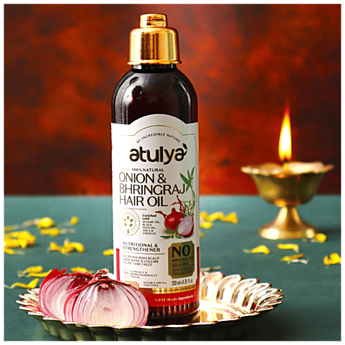 Atulya Onion Bhringraj Hair Oil - With Sesame, Nutritional & Strengthener, Nourish Scalp, 200 ml