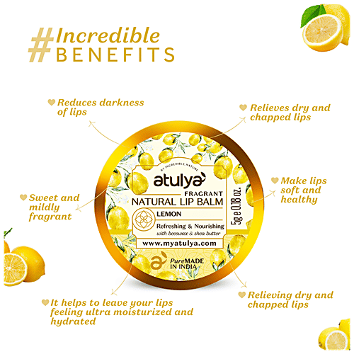 Atulya Fragrant Natural Lip Balm - With Beeswax, Shea Butter, Refreshing & Nourishing, 5 g Lemon