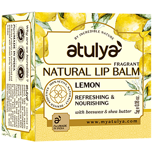 Atulya Fragrant Natural Lip Balm - With Beeswax, Shea Butter, Refreshing & Nourishing, 5 g Lemon