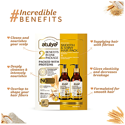 Atulya Smooth & Shiny Hair Pack - Keratin & Wheat Protein Shampoo + Conditioner, 2 pcs (300 ml each) 