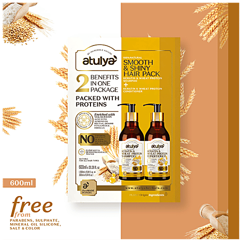 Atulya Smooth & Shiny Hair Pack - Keratin & Wheat Protein Shampoo + Conditioner, 2 pcs (300 ml each) 