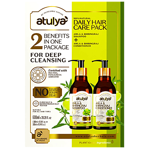 Atulya Daily Hair Care Pack - Amla & Bhringraj Shampoo + Conditioner, Deep Cleansing, 2 pcs (300 ml each) 