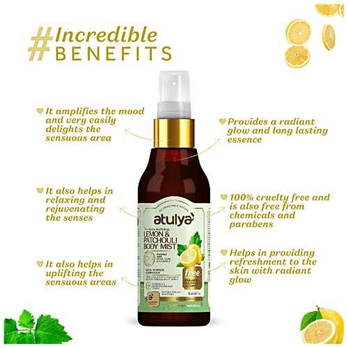 Atulya Lemon & Patchauli Body Mist - With Neem, Vitamin E, Relieves Stress, Uplift Spirit, 150 ml  