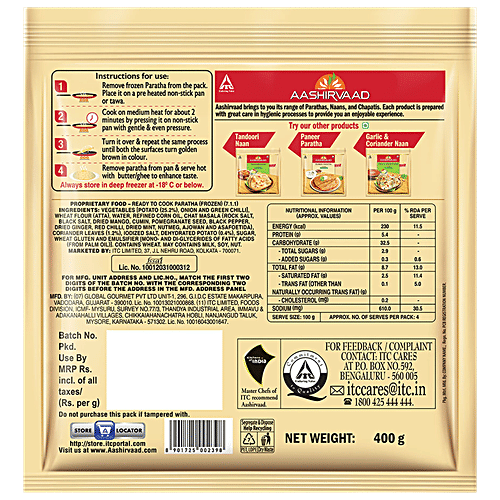 Aashirvaad Ready To Cook Aloo Paratha, Delicious Frozen, 400 g (4 pcs) No Added Preservatives