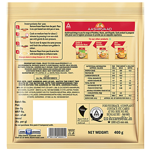 Aashirvaad Ready To Cook Tandoori Naan, Delicious Frozen, 400 g (5 pcs) No Added Preservatives