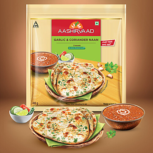 Aashirvaad Ready to Cook Garlic & Coriander Naan, Delicious Frozen, 400 g (5 pcs) No Added Preservatives