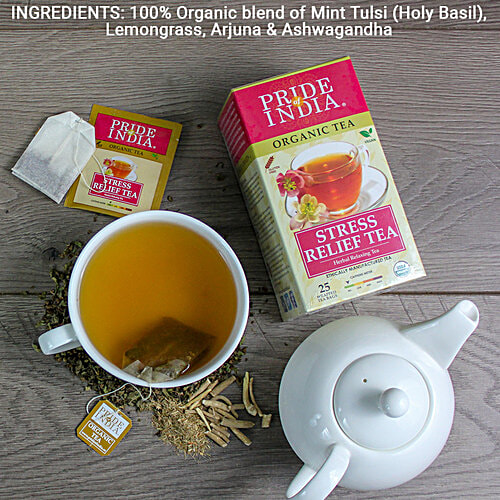 Pride Of India Stress Relief Herbal Relaxing Tea - Organic, Vegan, Gluten & Caffeine Free, 1 g (25 Tea Bags x 1 g Each) 