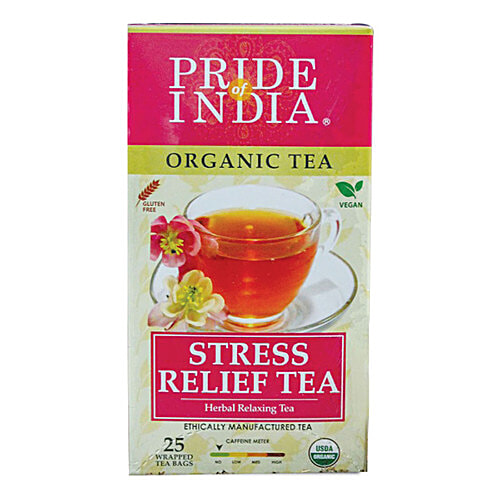 Pride Of India Stress Relief Herbal Relaxing Tea - Organic, Vegan, Gluten & Caffeine Free, 1 g (25 Tea Bags x 1 g Each) 