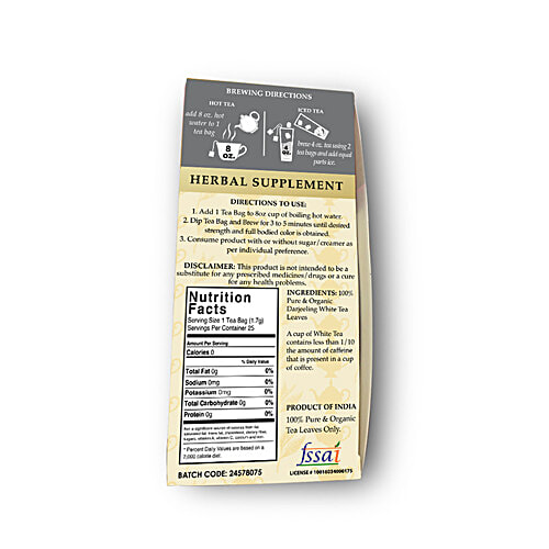 Pride Of India Royal White Tea - Organic, Vegan, Gluten & Caffeine Free, For Stress Relief, 1 g (25 Tea Bags x 1 g Each) 