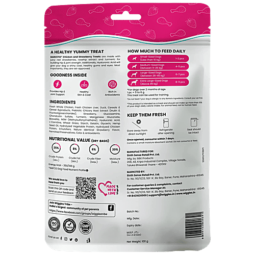 Wiggles.in Barkstix Dog Treats For Training Adult Puppies - Soft Chew Stick Hip, Skin & Coat, Chicken & Strawberry, 400 g