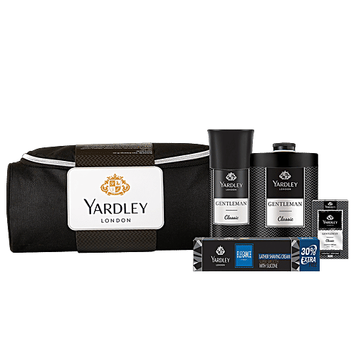 Yardley London Gentleman Range Gift Pack - Talc, Body Spray, Perfume & Lather Shaving Cream, 4 pcs  