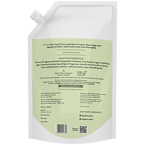 Koparo Clean Dishwash Liquid - Lime & Basil Fragrance, 2 L  Non-Drying, Child Safe, Plant Powered